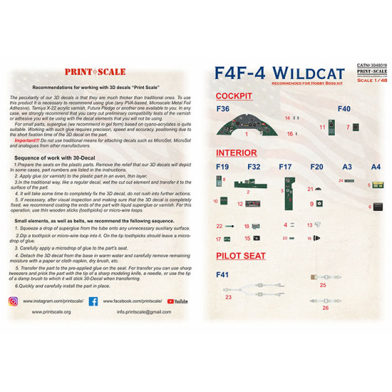 Instrumental panel F4F-4 Wildcat 3D48-019 Scale 1/48