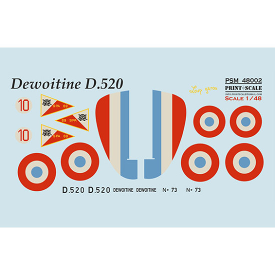 Dewoitine D.520 Mask & Decals + 3D Panel PSM48002 Scale 1/48