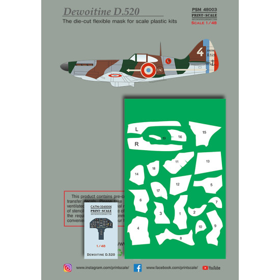 Dewoitine D.520 Painting Mask & Decals PSM48003 Scale 1/48