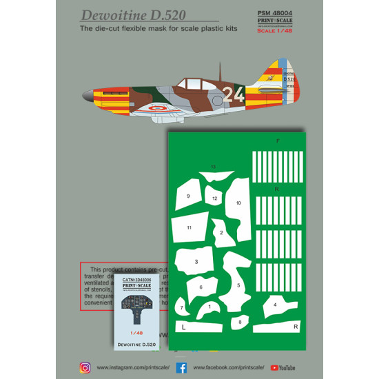 Dewoitine D.520 Painting Mask & Decals PSM48004 Scale 1/48