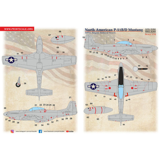 P-51 B/D Mustang Technical stencils 72-522 Scale 1/72