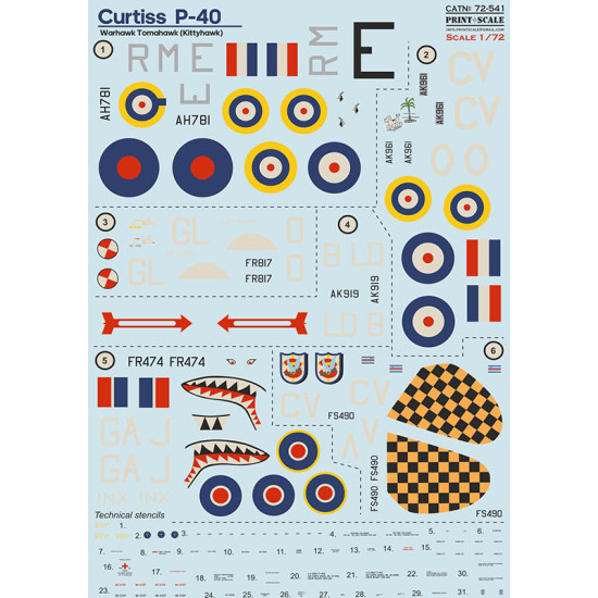 Curtiss P-40 Warhawk/Tomahawk/Kittyhawk 72-541 Scale 1/72