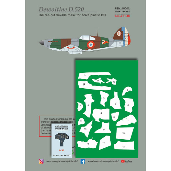 Dewoitine D.520 mask +decal+3D decal PSM48002 Scale 1:48