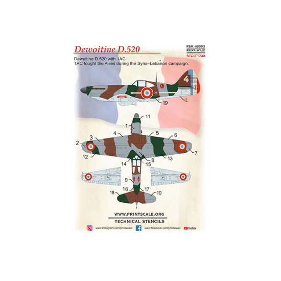 Dewoitine D.520 mask +decal+3D decal PSM48003 Scale 1:48