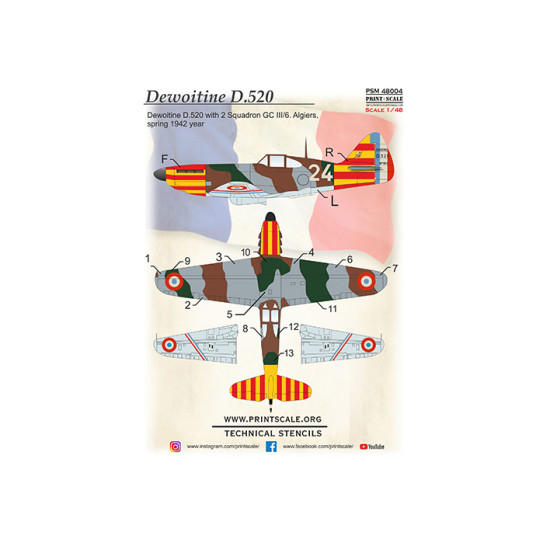 Dewoitine D.520 mask +decal+3D decal PSM48004 Scale 1:48