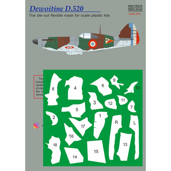 Dewoitine D.520 Painting Mask & Decals PSM72015 Scale 1/72