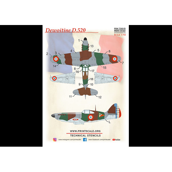 Dewoitine D.520 Painting Mask & Decals PSM72015 Scale 1/72