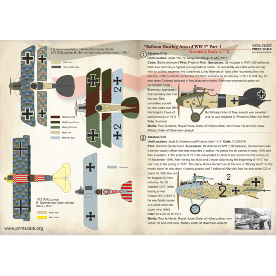 Balloon-Busting Aces of WW I Part 1 - Germany 72-227 Scale 1/72