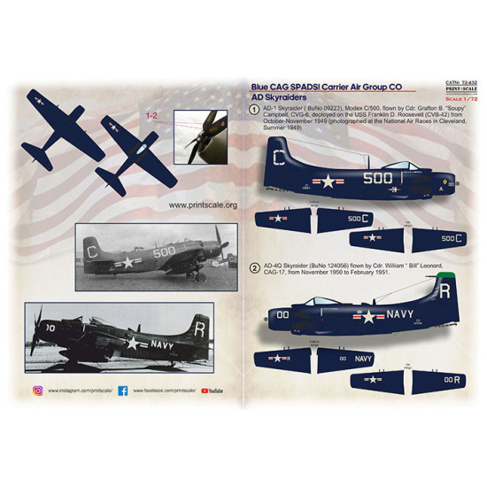 Blue CAG SPADS. Carrier Air Group CO AD Skyraiders 72-432 Scale 1/72