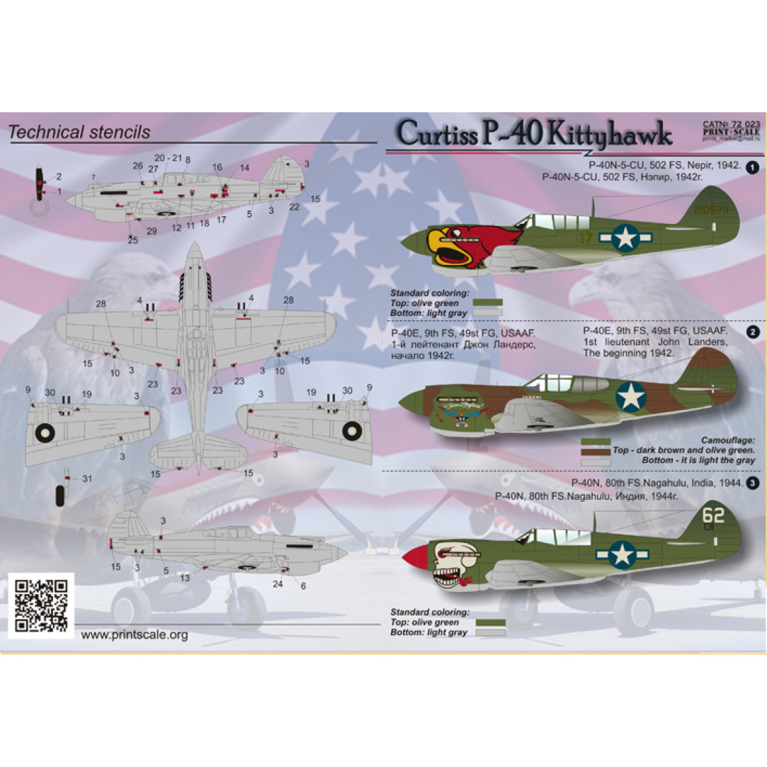 Curtiss P-40 Kittyhawk Scale Model Kits | 72-023, P-40N-5-CU, P-40E, P ...