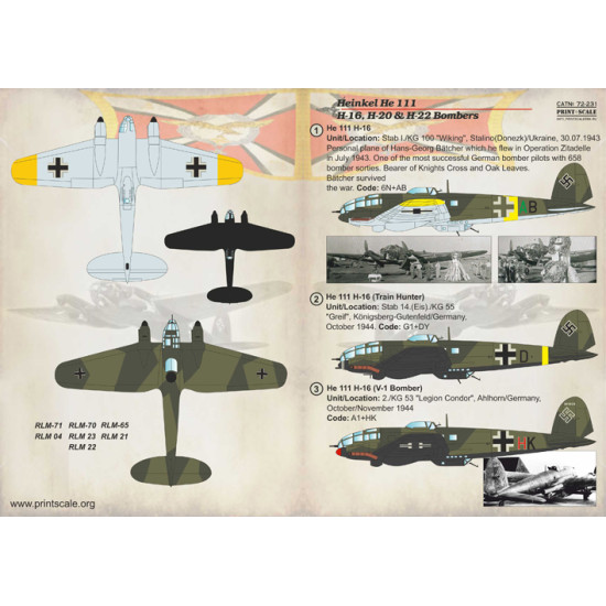 He 111 H-16, H-20 & H-22 Bombers 72-231 Scale 1/72