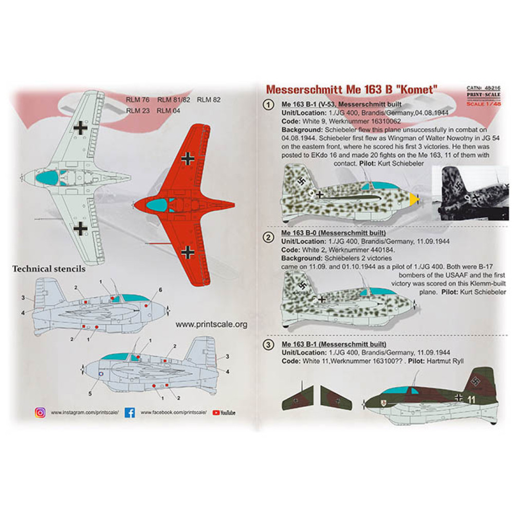 Messerschmitt Me-163B Komet 1/48-216: Unit/Location, Codes, and Pilots ...