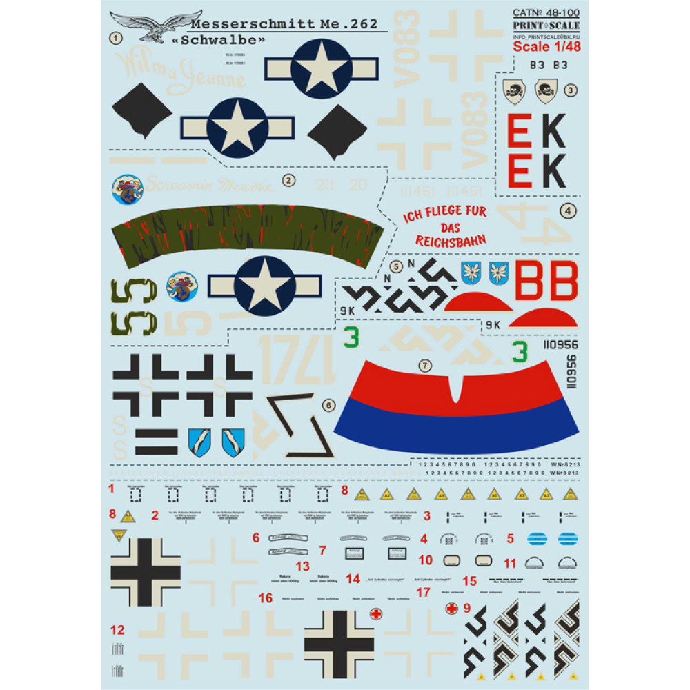 Planche De Décalcomanies Print Scale 72-125 Pour Me.262 'Schwalbe' à L'échelle 1/72 - Neuf
