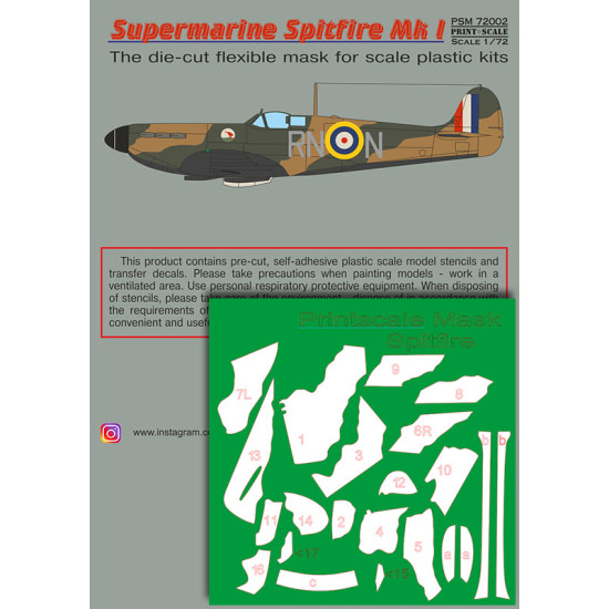 Supermarin Spitfire Mk.1 mask + decals PSM72002 Scale 1/72