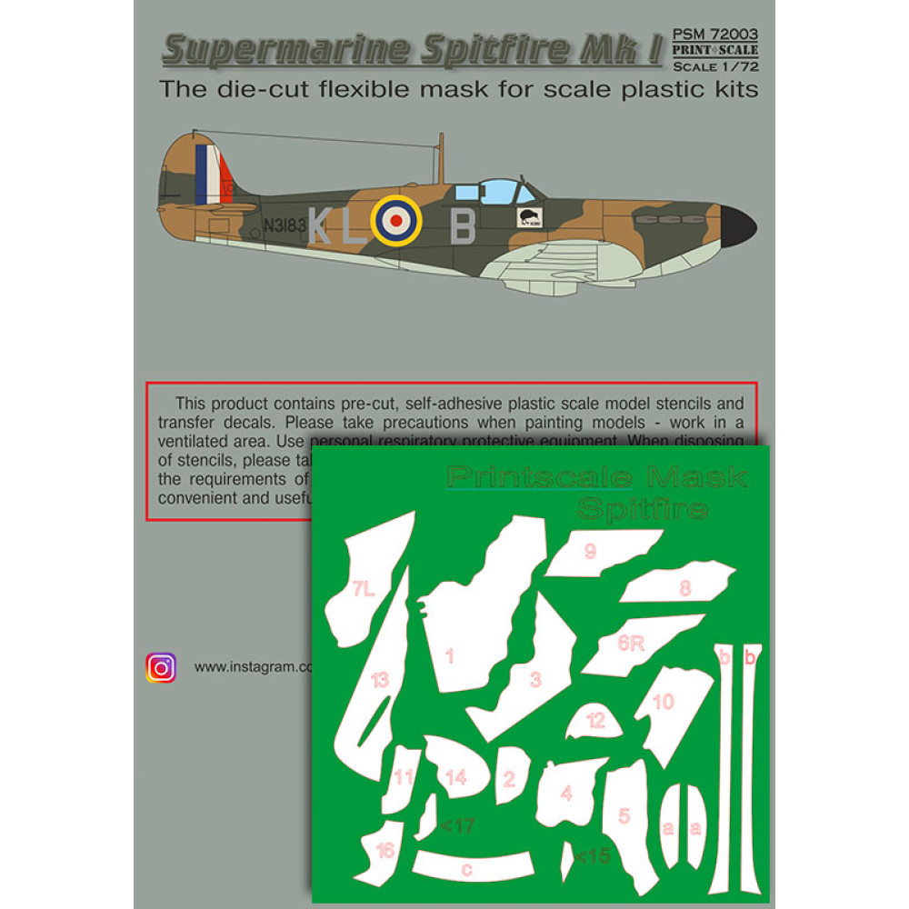 Supermarine Spitfire Mk.1 Mask + Decals (PSM72003) - N3183, KL-B, 54 ...