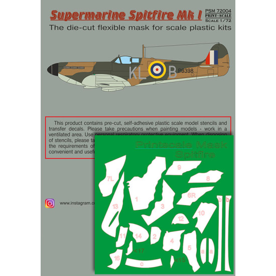 Supermarin Spitfire Mk.1 mask + decals PSM72004 Scale 1/72