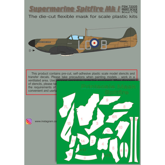 Supermarin Spitfire Mk.1 mask + decals PSM72005 Scale 1/72