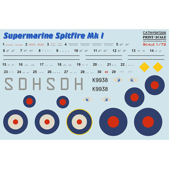 Supermarin Spitfire Mk.1 mask + decals PSM72006 Scale 1/72