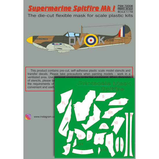Supermarin Spitfire Mk.1 mask + decals PSM72008 Scale 1/72