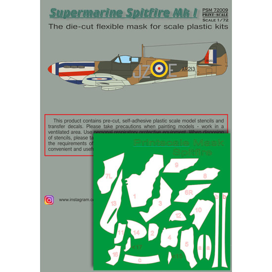Supermarin Spitfire Mk.1 mask + decals PSM72009 Scale 1/72