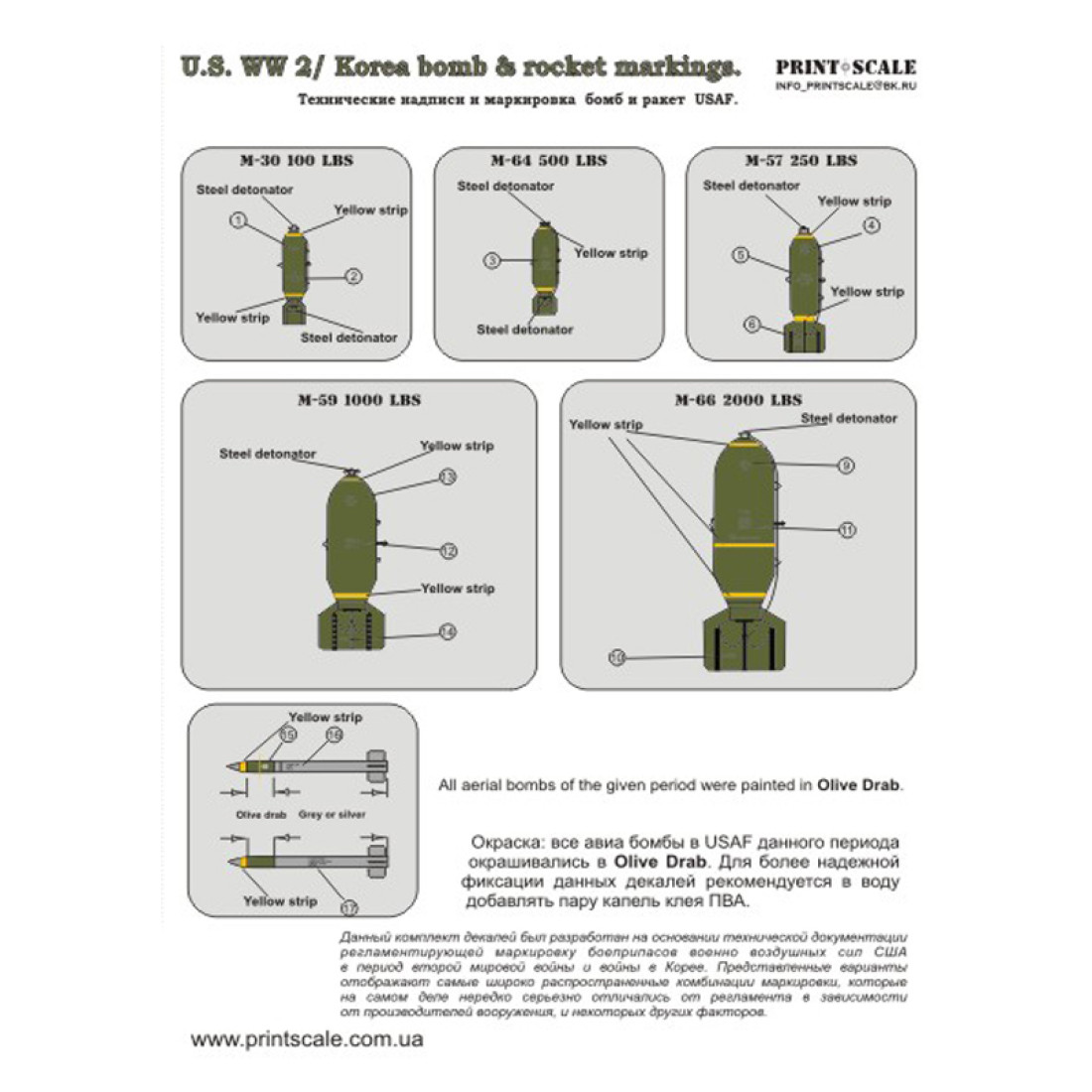 US WW 2 / Korea Bomb & Rocket Markings 72-001 - Printscale.org, Scale: 1/72